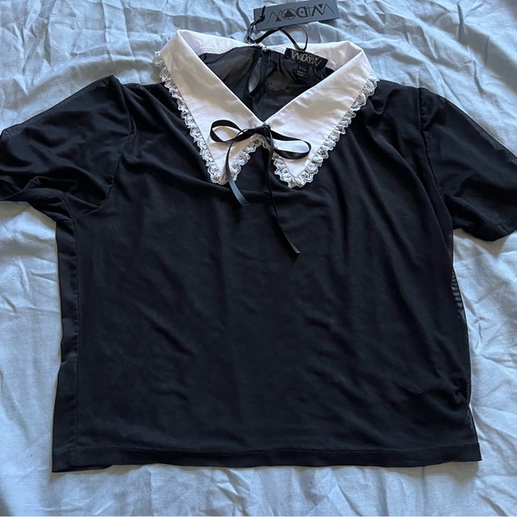 Dollskill Widow Terror After Tea Time Collared Mesh Crop Top Black and White NWT - Picture 5 of 8